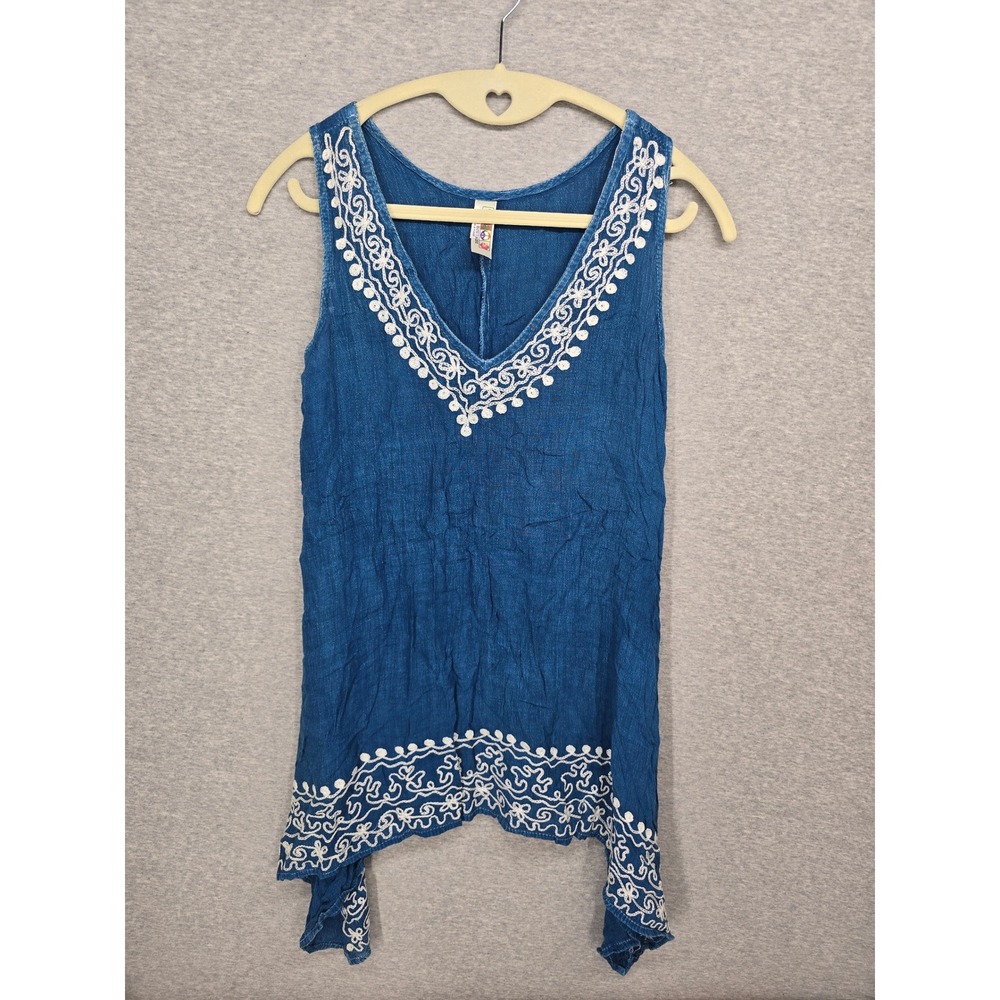Boho Indigo Blue Embroidered Handkerchief Hem V-Neck Sleeveless Tunic Top